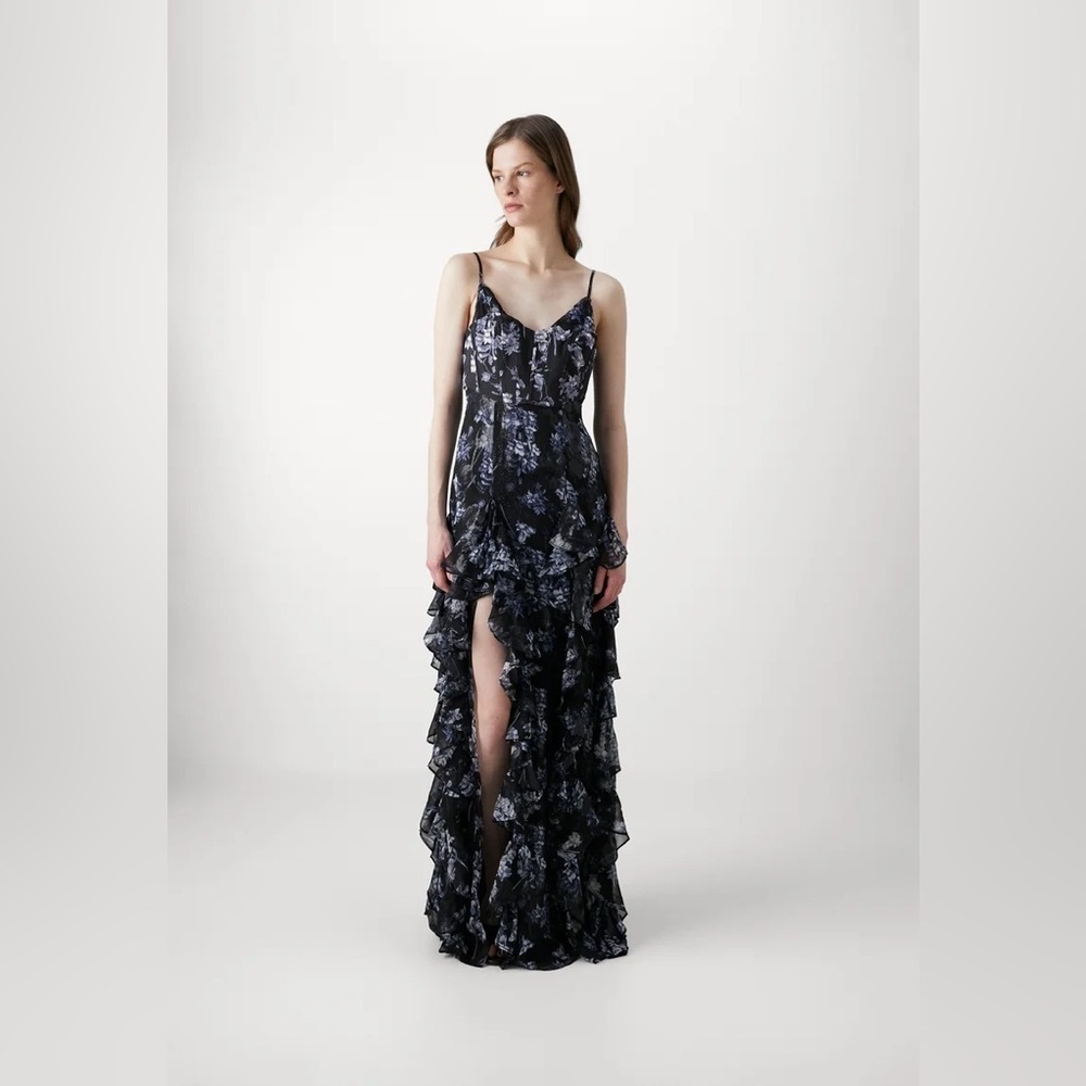 CINQ A SEPT Coastal Floral Glenda Cascading Ruffle Lurex Metallic Dress 12 NWT
